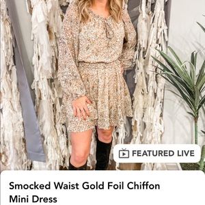 Fate Smocked Waist Gold Foil Chiffon Mini Dress, size small, color: nude multi